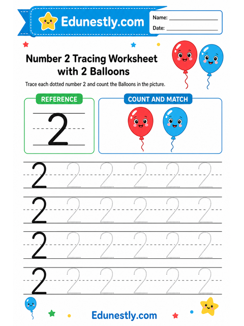 Number 2 Tracing Worksheet with 2 Balloons