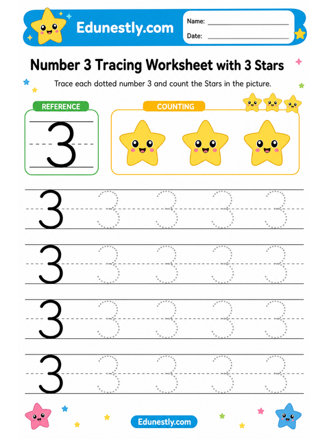 Number 3 Tracing Worksheet with 3 Stars