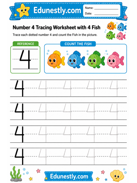 Number 4 Tracing Worksheet with 4 Fish