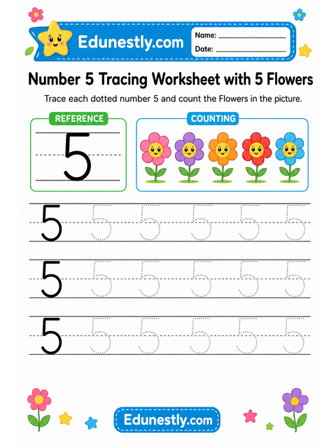 Number 5 Tracing Worksheet with 5 Flowers