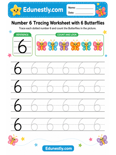 Number 6 Tracing Worksheet with 6 Butterflies