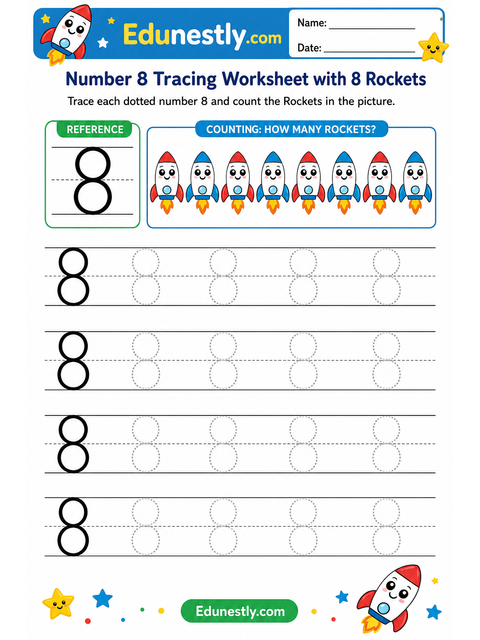 Number 8 Tracing Worksheet with 8 Rockets