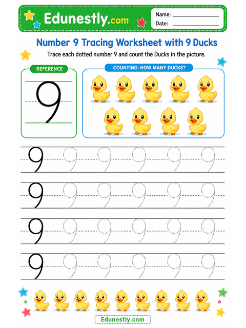 Number 9 Tracing Worksheet with 9 Ducks