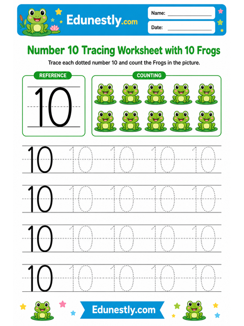 Number 10 Tracing Worksheet with 10 Frogs