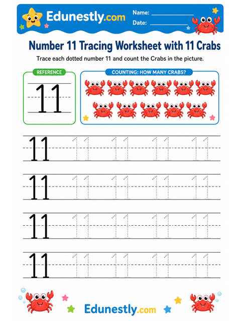Number 11 Tracing Worksheet with 11 Crabs