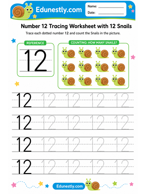 Number 12 Tracing Worksheet with 12 Snails