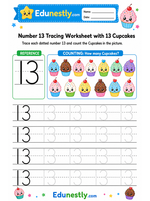 Number 13 Tracing Worksheet with 13 Cupcakes