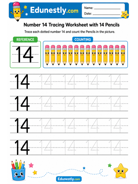 Number 14 Tracing Worksheet with 14 Pencils