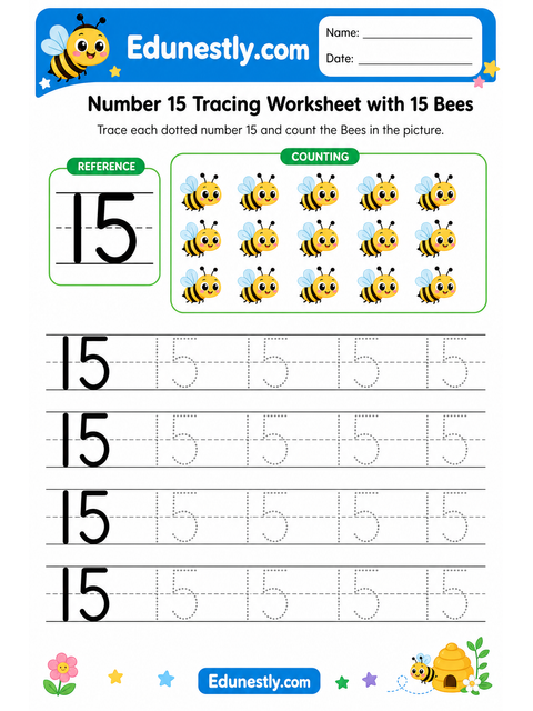 Number 15 Tracing Worksheet with 15 Bees