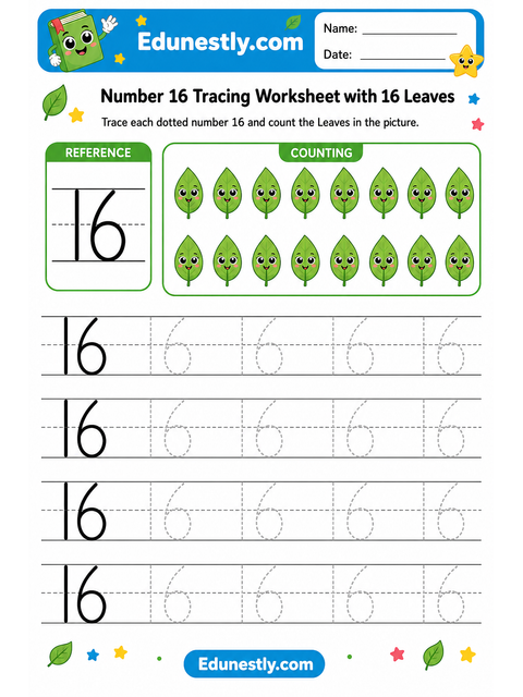 Number 16 Tracing Worksheet with 16 Leaves