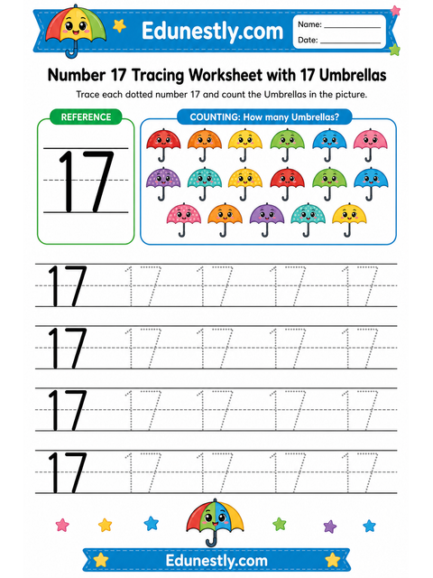 Number 17 Tracing Worksheet with 17 Umbrellas