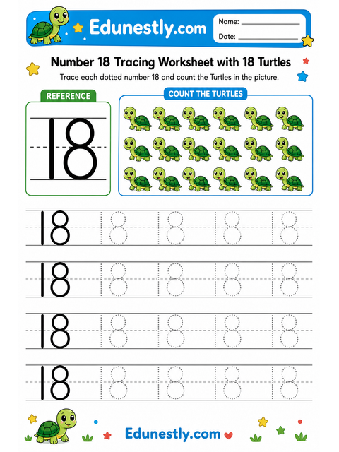 Number 18 Tracing Worksheet with 18 Turtles