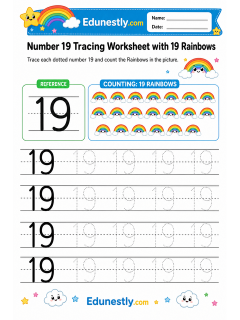 Number 19 Tracing Worksheet with 19 Rainbows