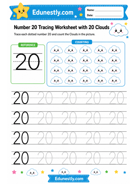 Number 20 Tracing Worksheet with 20 Clouds