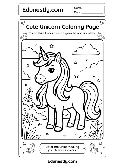 Cute Unicorn Coloring Page