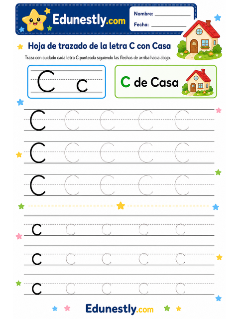 Hoja de trazado de la letra C con Casa