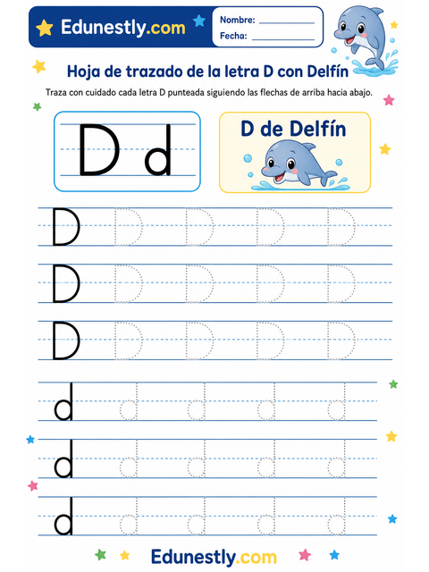 Hoja de trazado de la letra D con Delfín