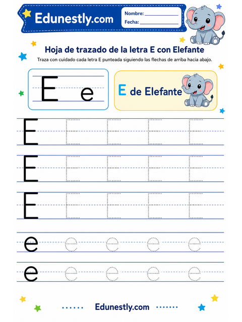 Hoja de trazado de la letra E con Elefante