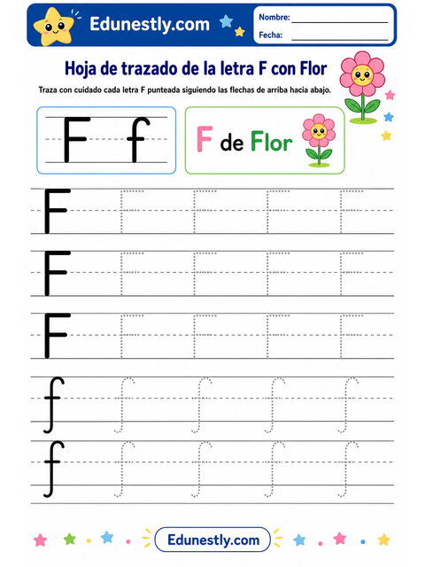 Hoja de trazado de la letra F con Flor