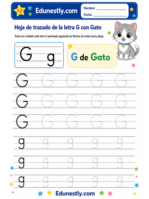 Hoja de trazado de la letra G con Gato