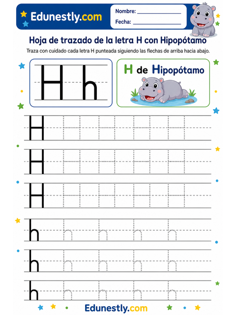 Hoja de trazado de la letra H con Hipopótamo
