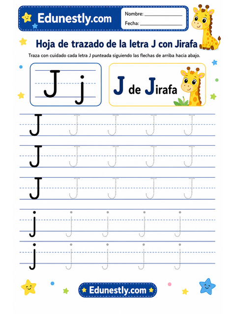 Hoja de trazado de la letra J con Jirafa