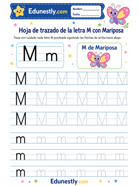 Hoja de trazado de la letra M con Mariposa