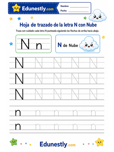 Hoja de trazado de la letra N con Nube