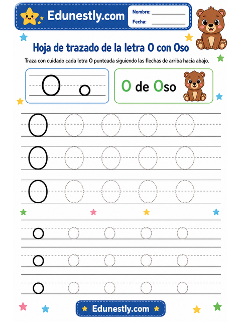 Hoja de trazado de la letra O con Oso