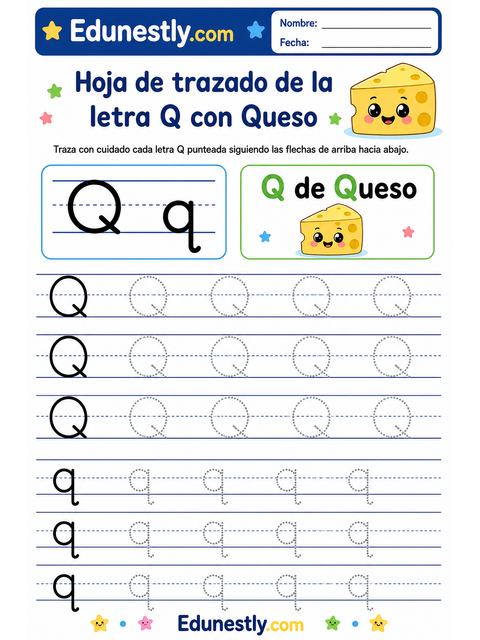 Hoja de trazado de la letra Q con Queso