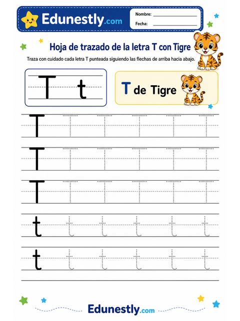 Hoja de trazado de la letra T con Tigre