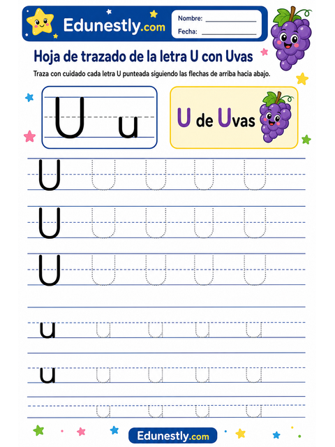 Hoja de trazado de la letra U con Uvas