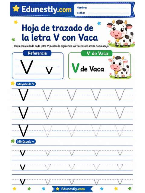 Hoja de trazado de la letra V con Vaca
