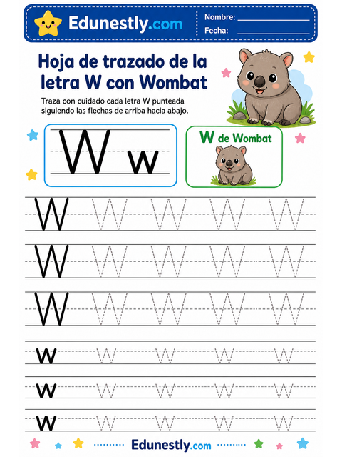 Hoja de trazado de la letra W con Wombat