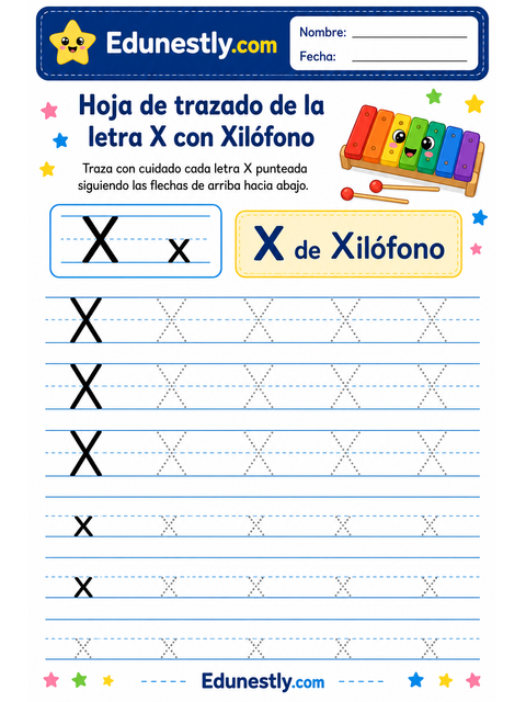 Hoja de trazado de la letra X con Xilófono
