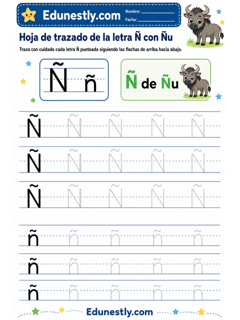 Hoja de trazado de la letra Ñ con Ñu