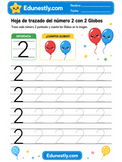Hoja de trazado del número 2 con 2 Globos