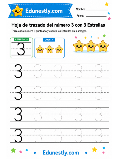 Hoja de trazado del número 3 con 3 Estrellas