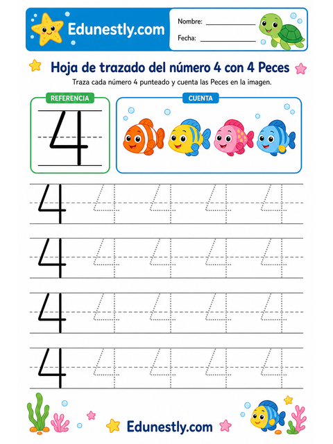 Hoja de trazado del número 4 con 4 Peces