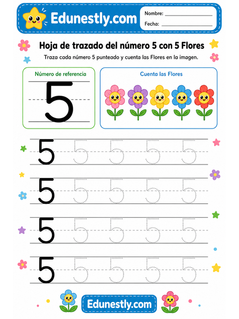 Hoja de trazado del número 5 con 5 Flores