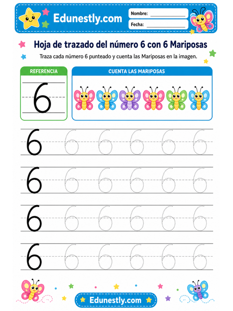 Hoja de trazado del número 6 con 6 Mariposas