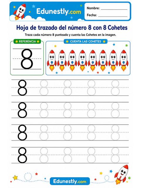 Hoja de trazado del número 8 con 8 Cohetes