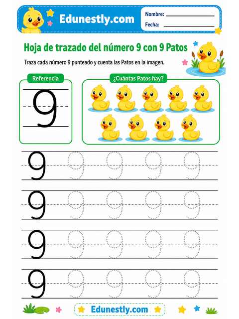 Hoja de trazado del número 9 con 9 Patos