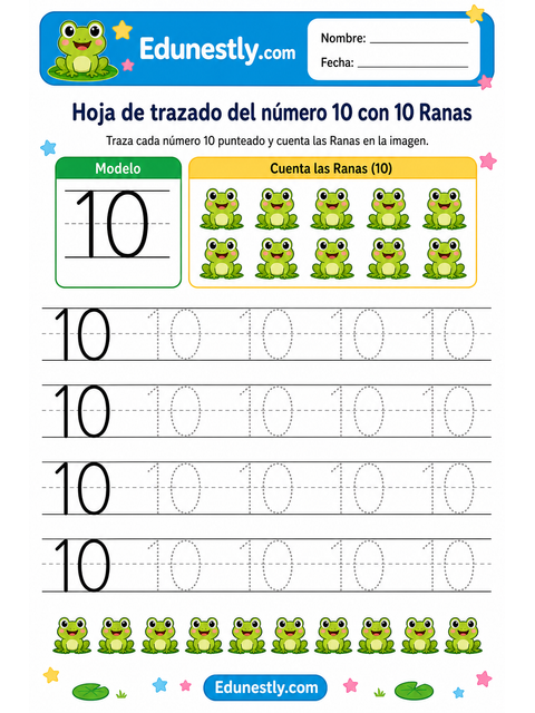 Hoja de trazado del número 10 con 10 Ranas