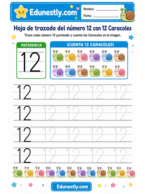 Hoja de trazado del número 12 con 12 Caracoles