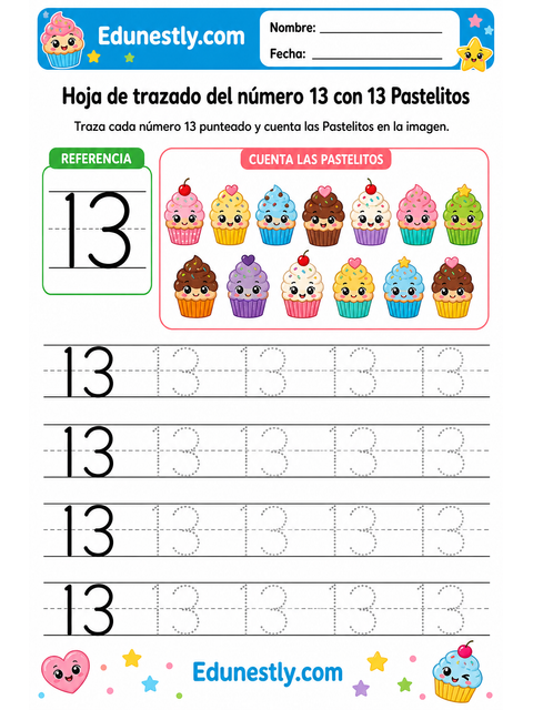 Hoja de trazado del número 13 con 13 Pastelitos