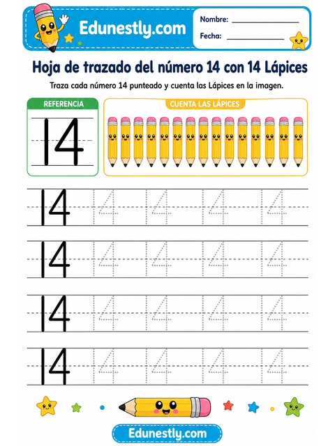 Hoja de trazado del número 14 con 14 Lápices
