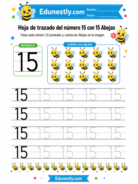 Hoja de trazado del número 15 con 15 Abejas