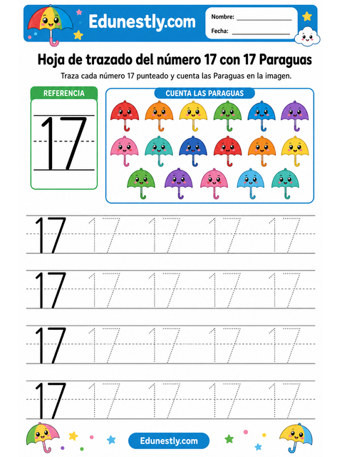Hoja de trazado del número 17 con 17 Paraguas