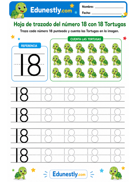 Hoja de trazado del número 18 con 18 Tortugas